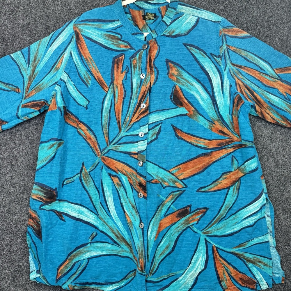 Women's 2X 100% Silk Tropical Tunic Blouse Teal Orange Resort Boho Coastal